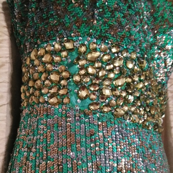 Size 8 Sherri Hill Teal Silk One-Shoulder Dress - Picture 5 of 9